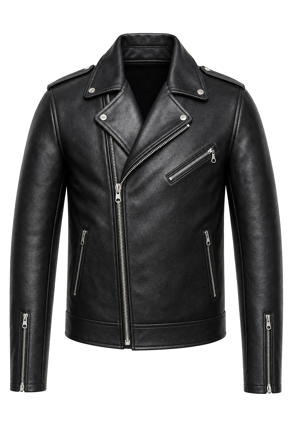 A custom made black double-rider leather jacket, front view