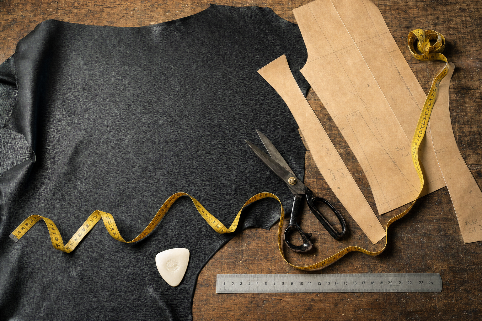 A cutting table with black leather hide, paper patterns, shears, chalk and a tape measure